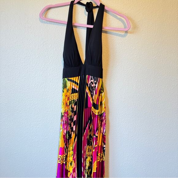 Cache Vintage Y2K Halter Maxi Dress Womens 2 Silk Pleated Mixed Print Rivera - Picture 7 of 13